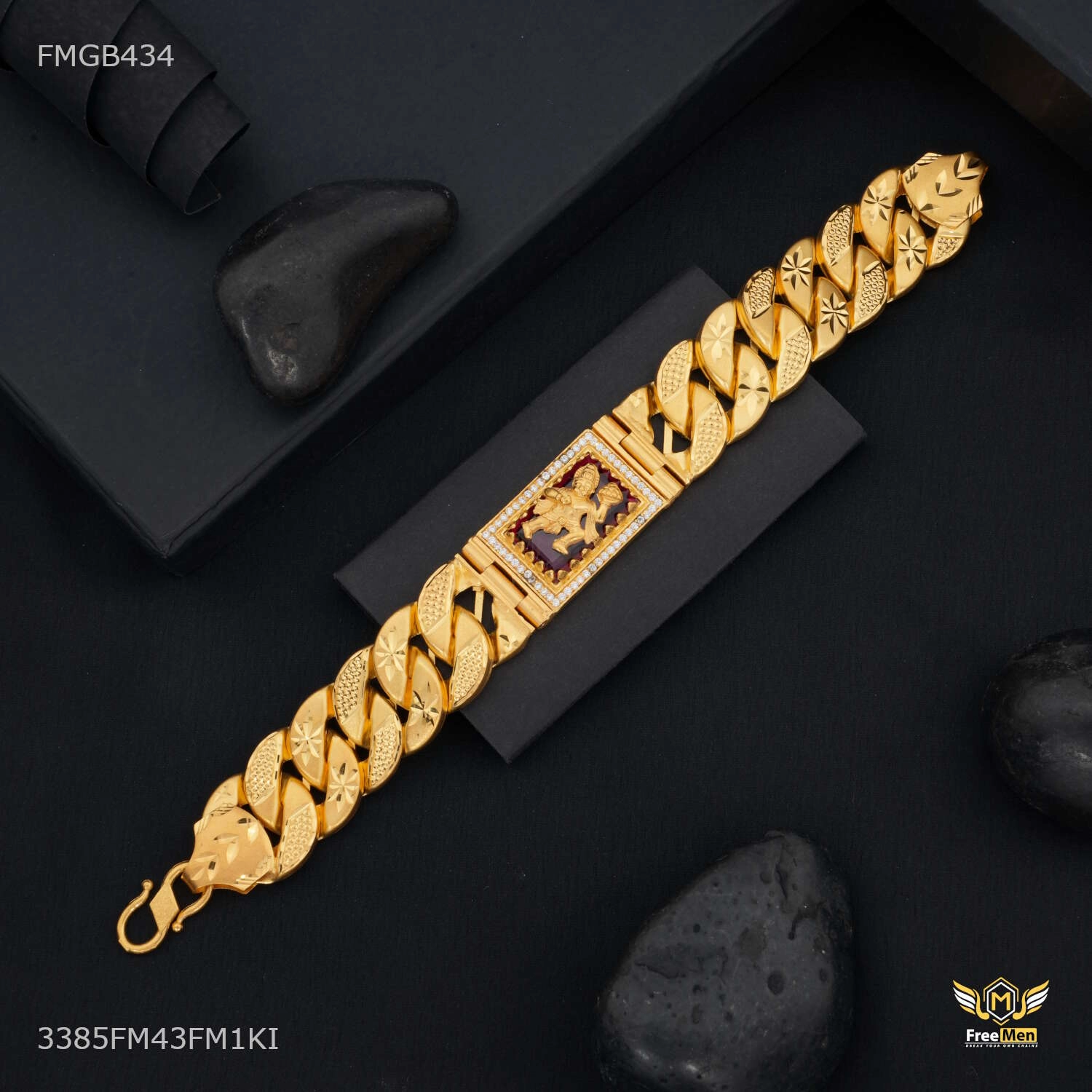 Milestone Marker Hanuman Ji with Red AD Box Pokel Gold Plated Bracelet  for Men - FMGB434