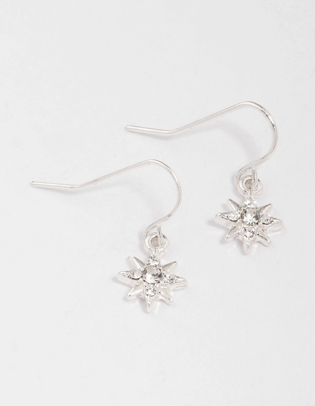 Heart-Shaped Ornament Silver Diamante Eight-Point Star Drop Earrings