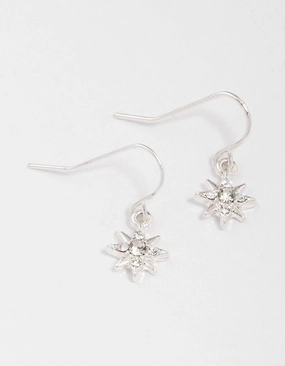 Heart-Shaped Ornament Silver Diamante Eight-Point Star Drop Earrings