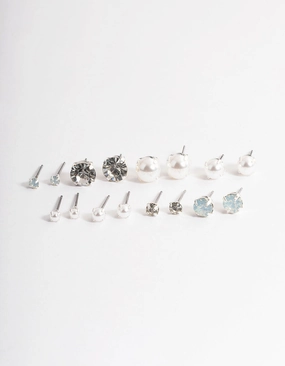 Silver Pearl & Diamante Stud Earrings 8-Pack Modern Option