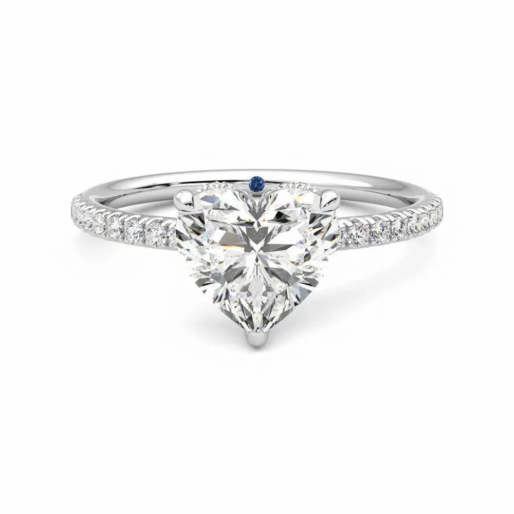 Deluxe Gift Heart Shaped Moissanite Engagement Ring with Hidden Halo and Anniversary Stone Accent