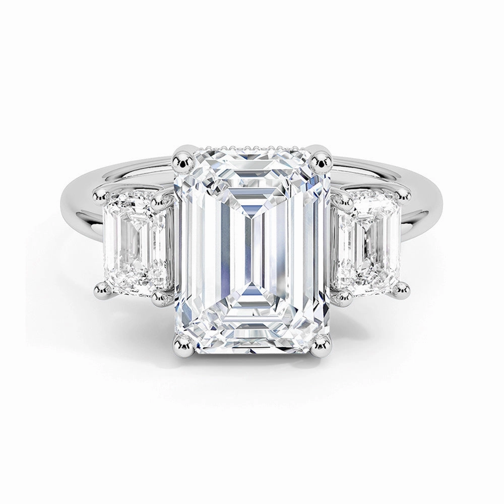 Elegant Addition Work Friendly Hidden Halo Emerald Cut Three Stone Moissanite Engagement Ring