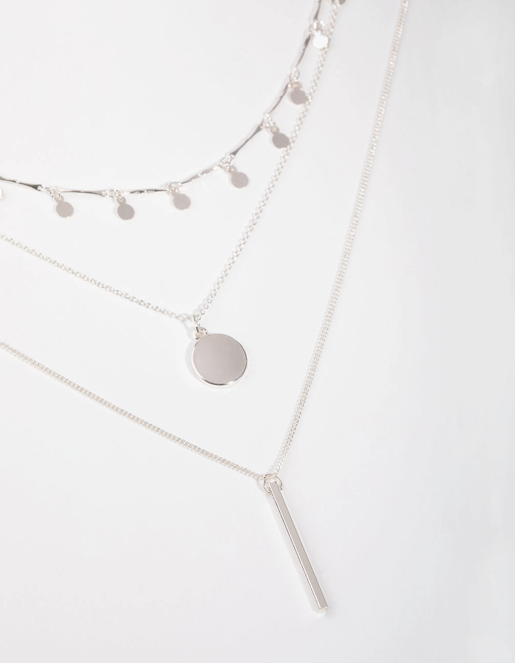 Silver Fine Drop & Bar 3-Row Necklace Anniversary Detail