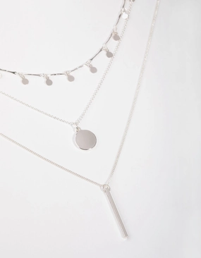 Silver Fine Drop & Bar 3-Row Necklace Anniversary Detail