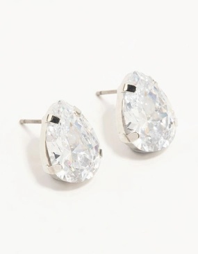 Silver Large Teardrop Cubic Zirconia Stud Earrings Iridescent Embellishment
