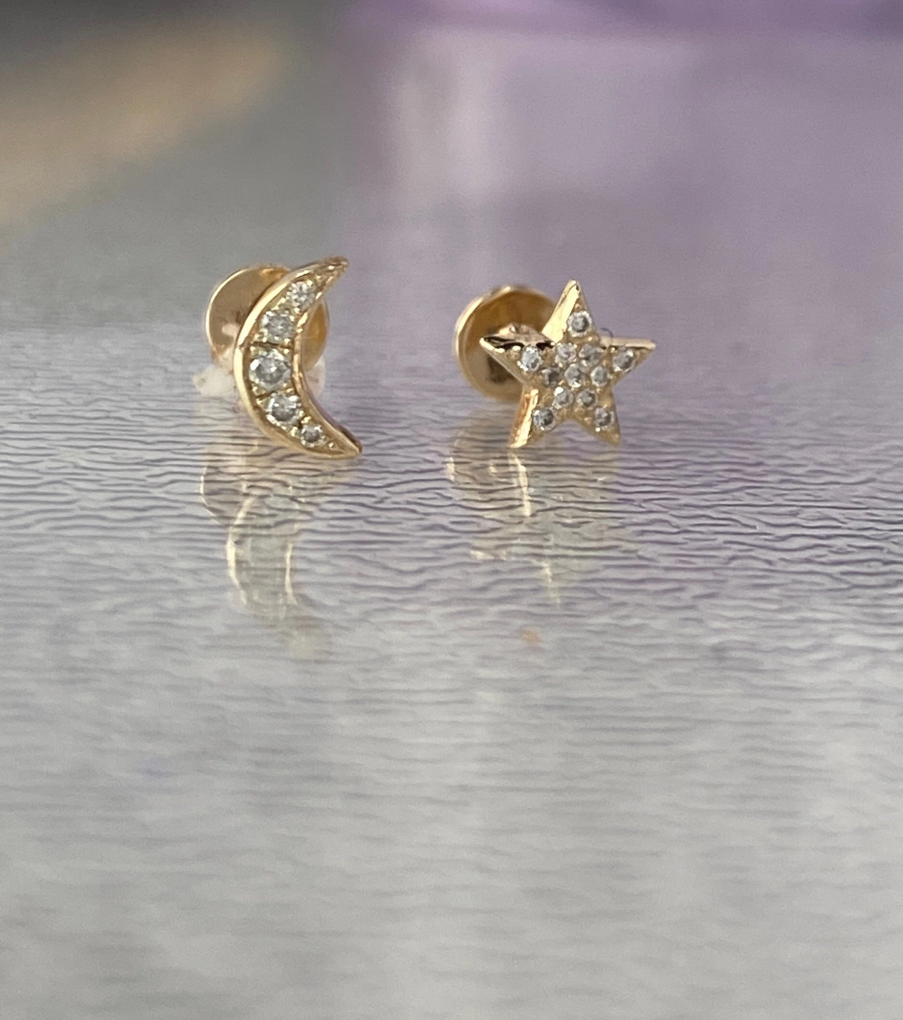 Sparkling Jewelry 14K Gold Push Flat Back Diamond Moon/Star Earring