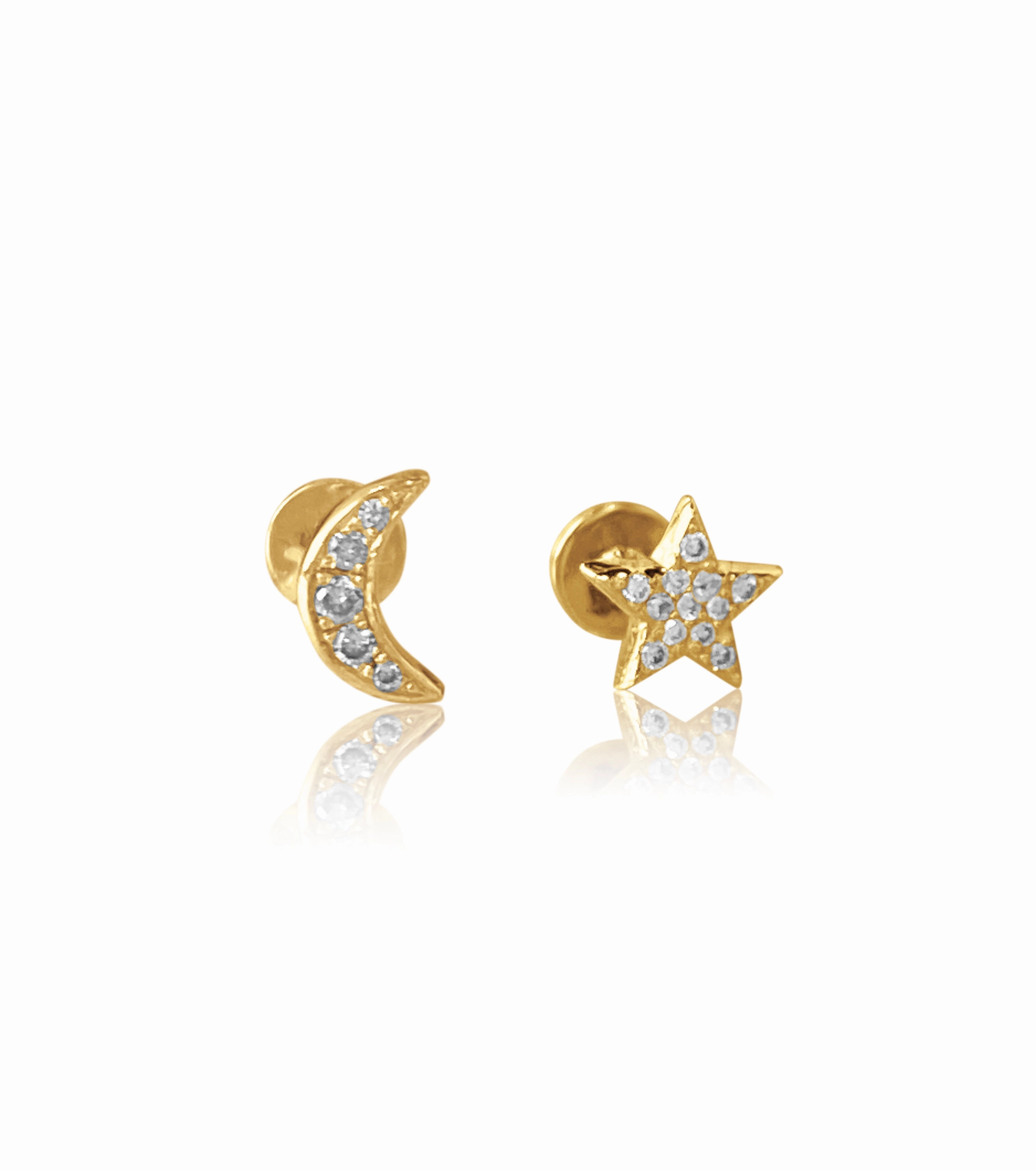 Luxe Appeal 14K Gold Push Flat Back Diamond Moon/Star Earring