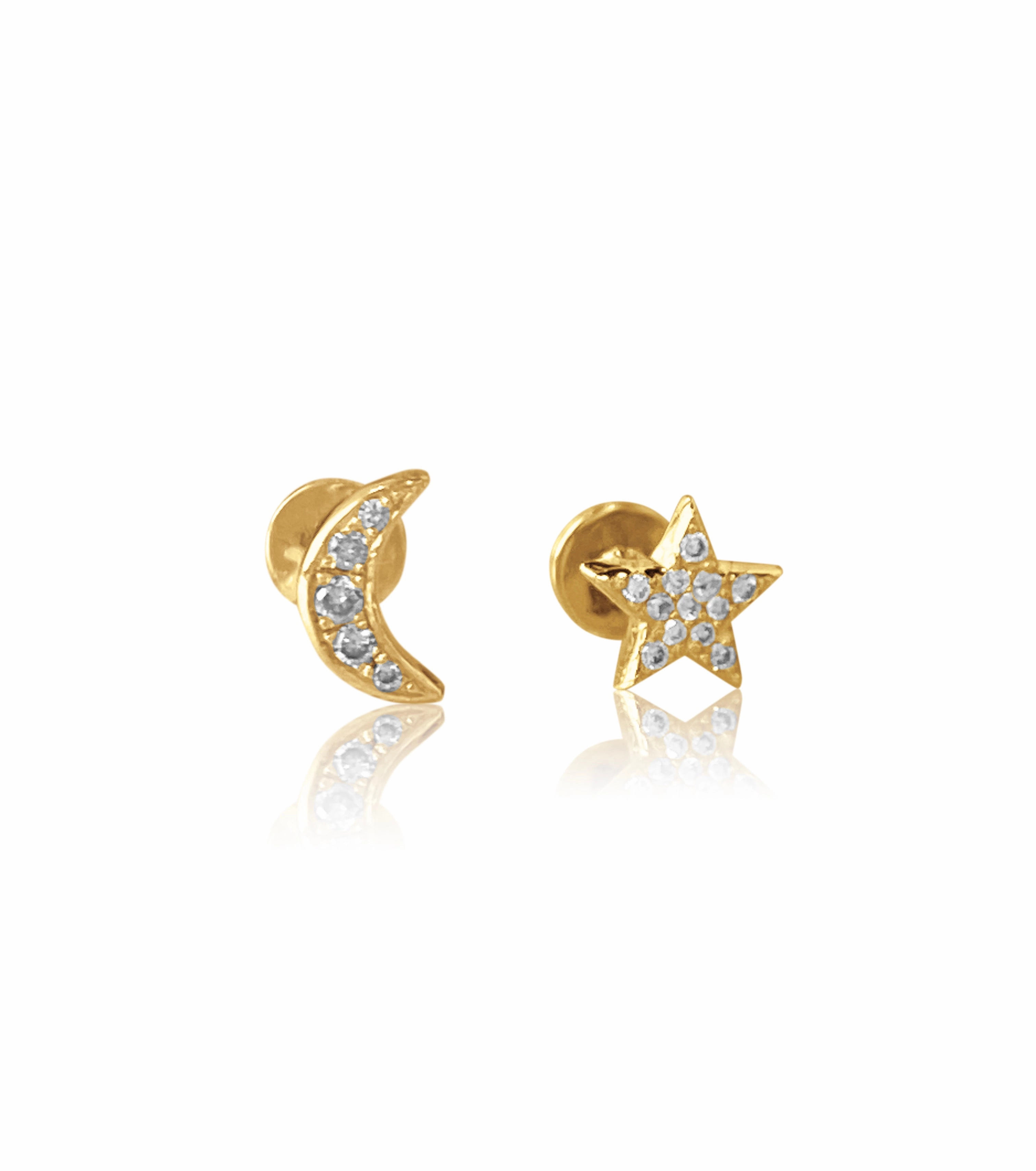 Shiny Aesthetic 14K Gold Push Flat Back Diamond Moon/Star Earring