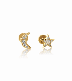 Shiny Aesthetic 14K Gold Push Flat Back Diamond Moon/Star Earring