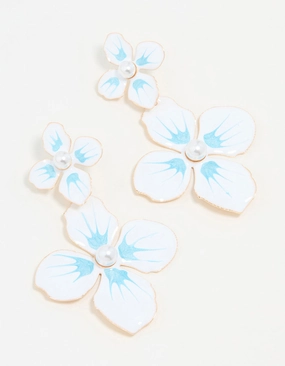 White & Blue Coated Metal Flower Drop Earrings Dainty Accessory Elegant Element