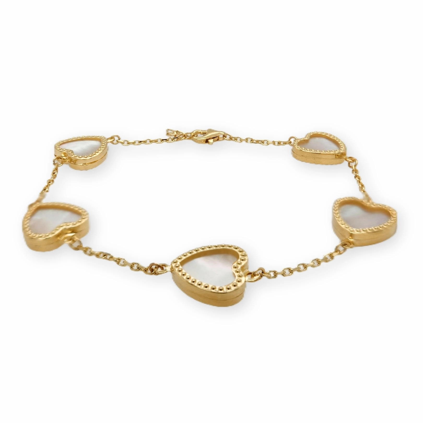 14k Gold Mother of Pearl Hearts With Beaded Border Bracelet First class