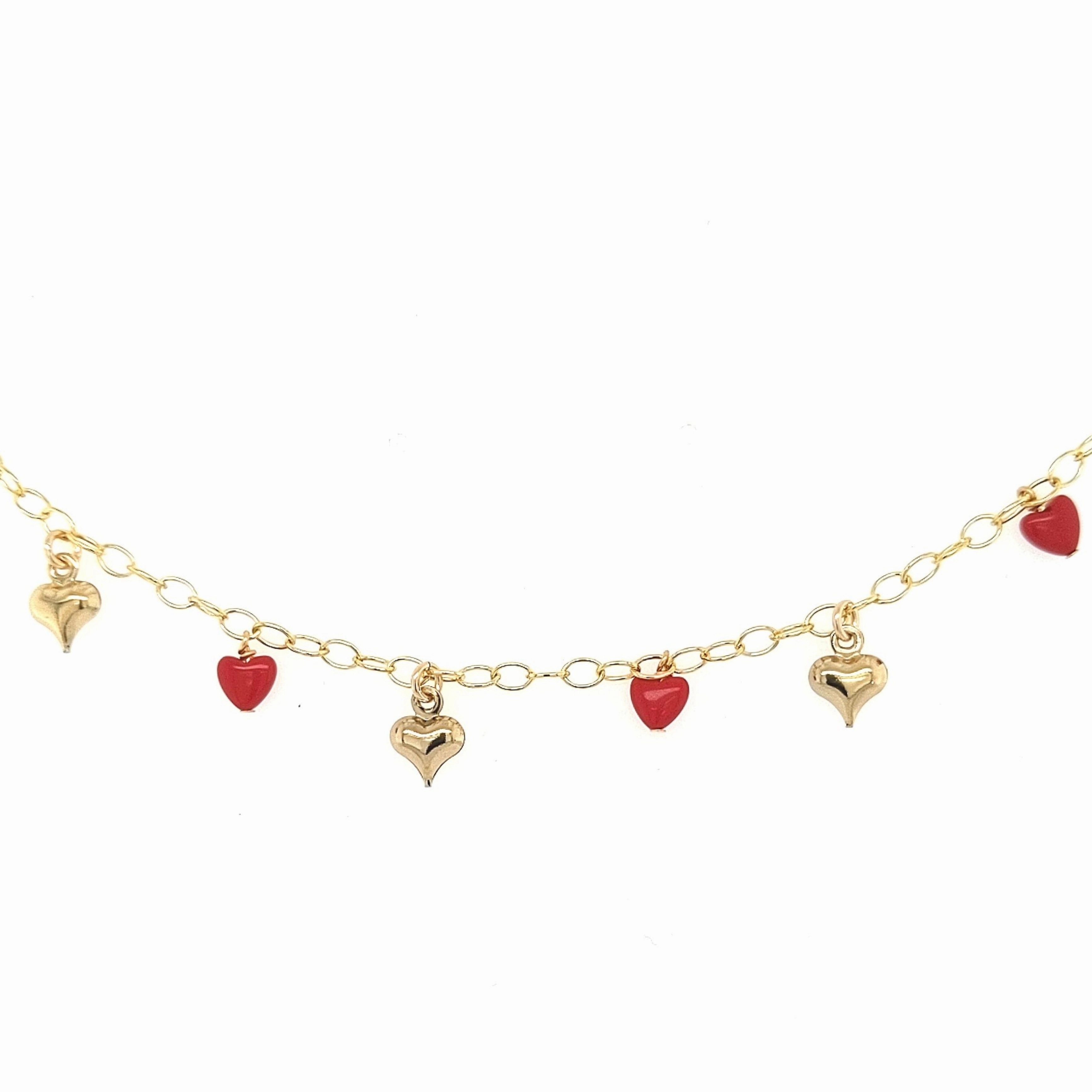 Asymmetrical Cuts Gold Filled Chain With Alternating Small Puffy Gold and Red Hearts Bracelet