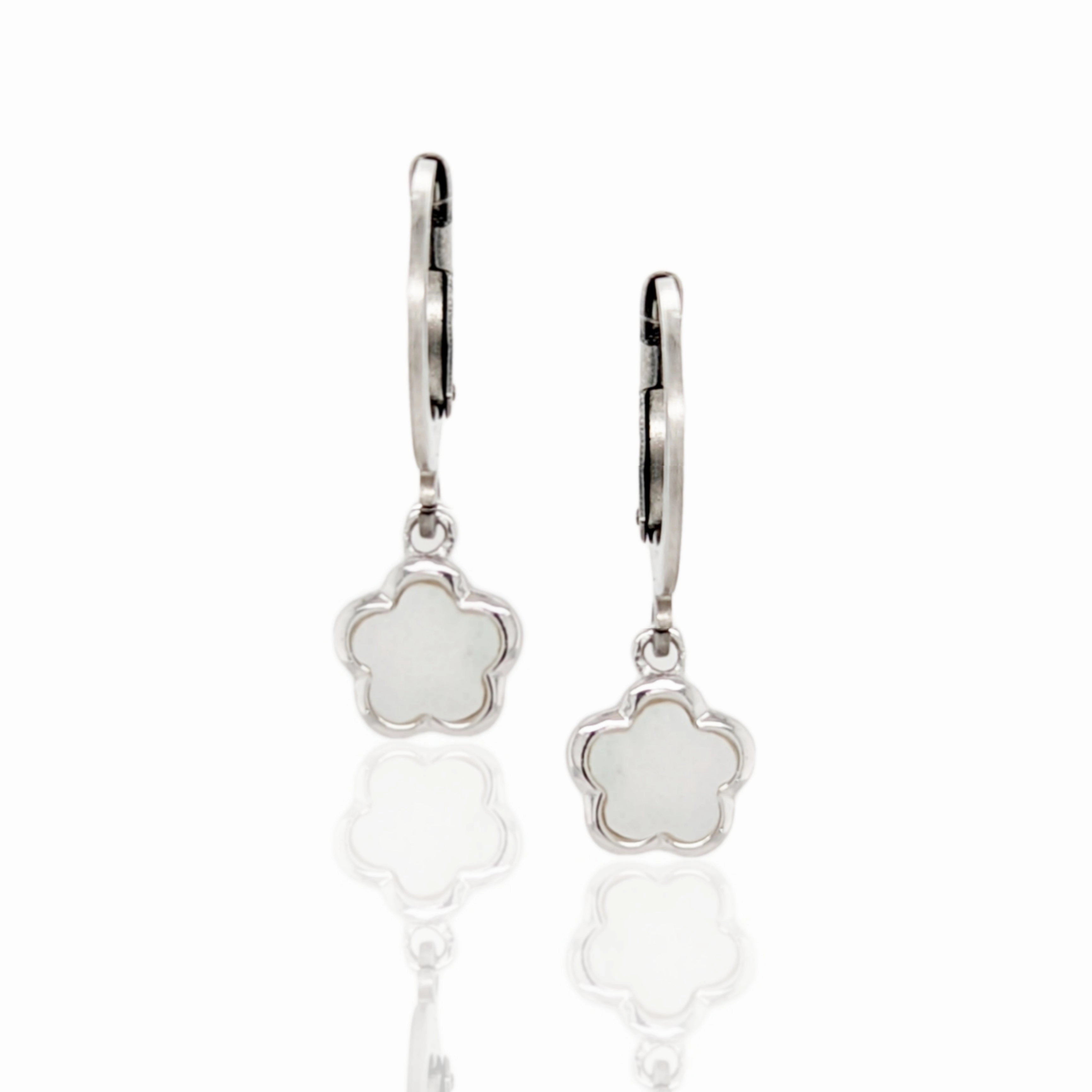 Surgical Steel Mother of Pearl Flowers Earrings on Leverback Modern Item