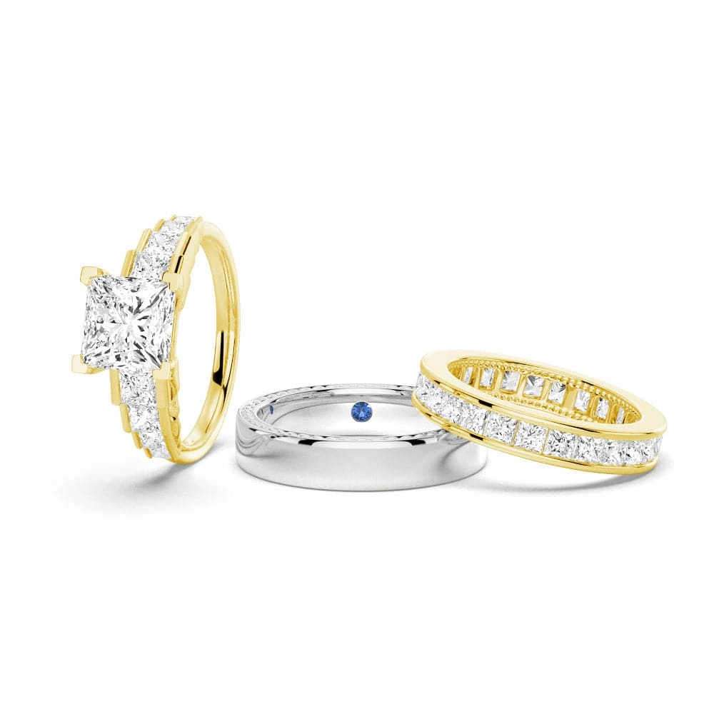 Balanced Fit Unique Cinderella Staircase Princess Cut Moissanite Couple's Ring Set with Men's Wedding Band
