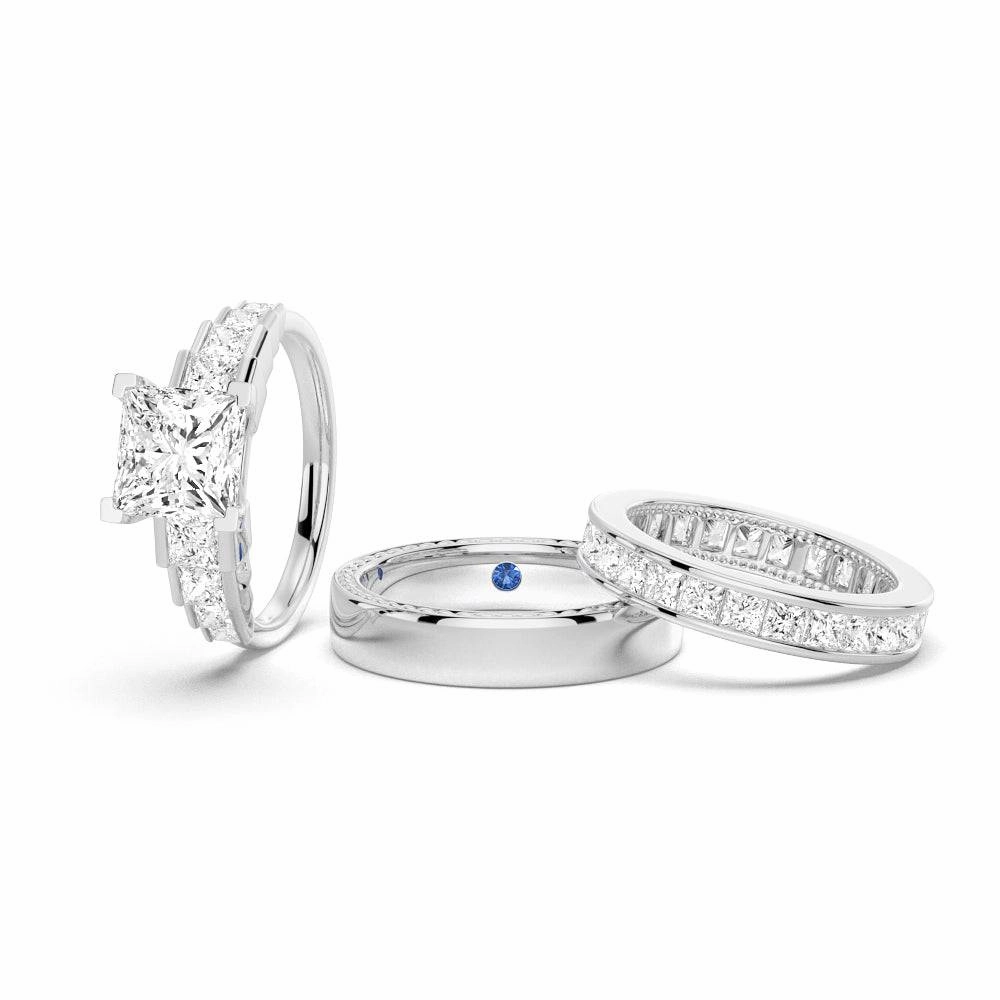 Unique Cinderella Staircase Princess Cut Moissanite Couple's Ring Set with Men's Wedding Band Gentle Detail State Emblem