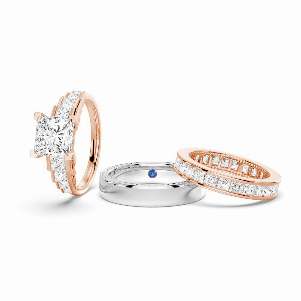 Unique Cinderella Staircase Princess Cut Moissanite Couple's Ring Set with Men's Wedding Band Minimal Mood
