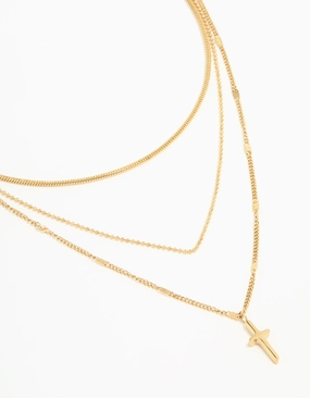 Unique Jewelry Nature Accent Waterproof Gold Plated Stainless Steel Cross Layered Necklace
