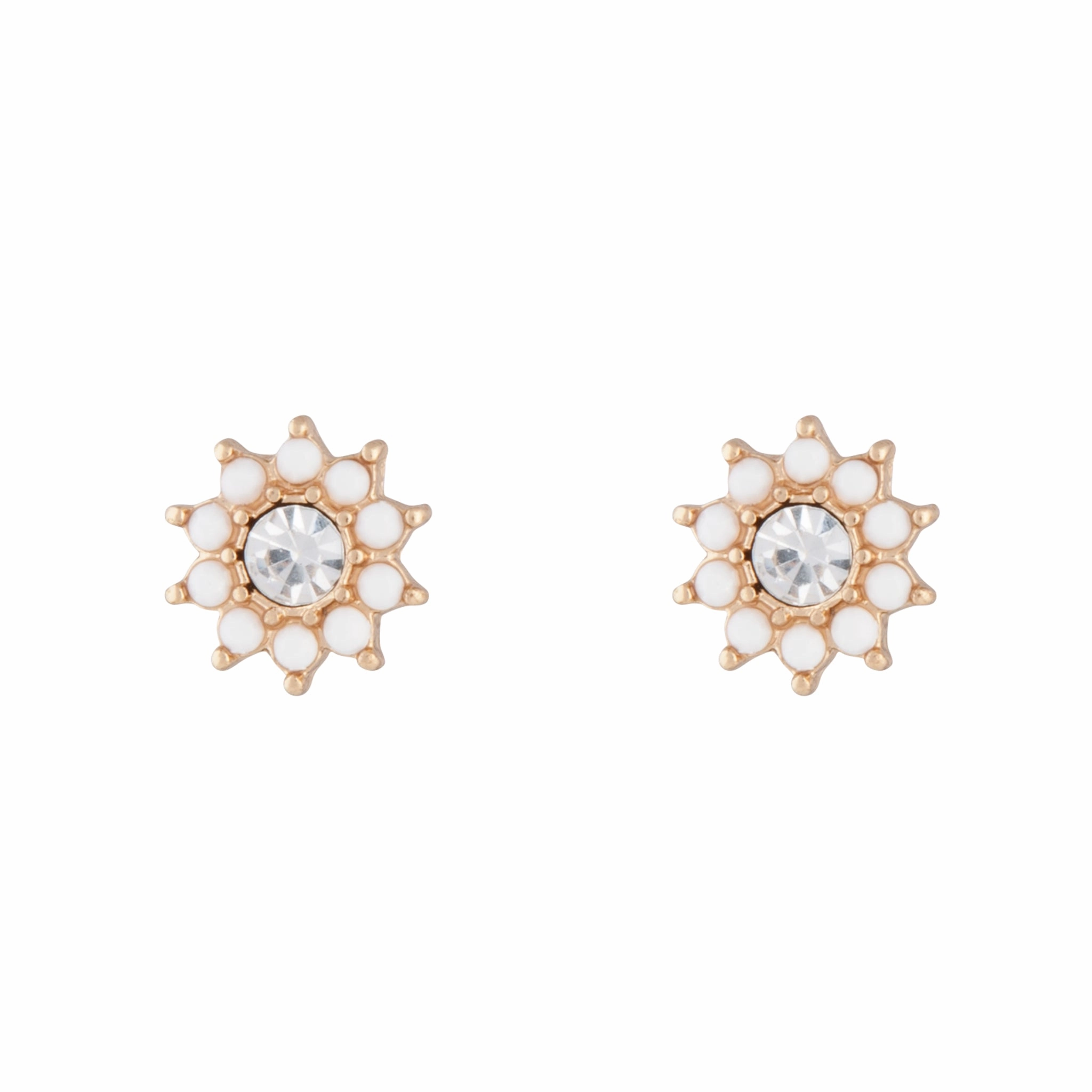 Lustrous Ornament Small Ornament Gold White Flower Diamante Stud Earrings
