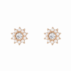 Lustrous Ornament Small Ornament Gold White Flower Diamante Stud Earrings