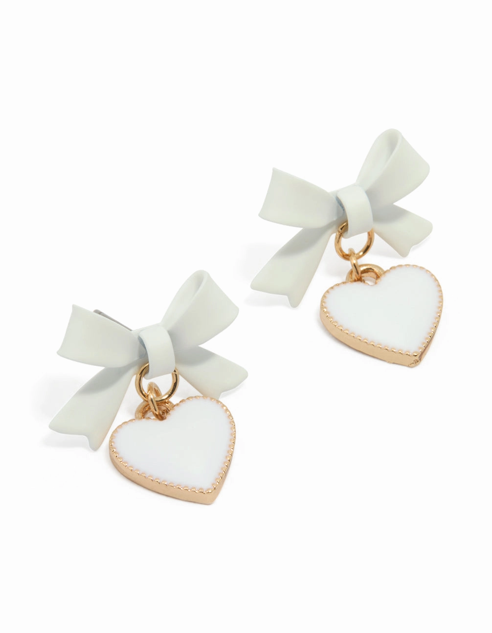 Gold White Coated Metal Bow Drop Heart Stud Earrings Vintage Selection