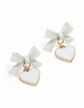 Gold White Coated Metal Bow Drop Heart Stud Earrings Vintage Selection