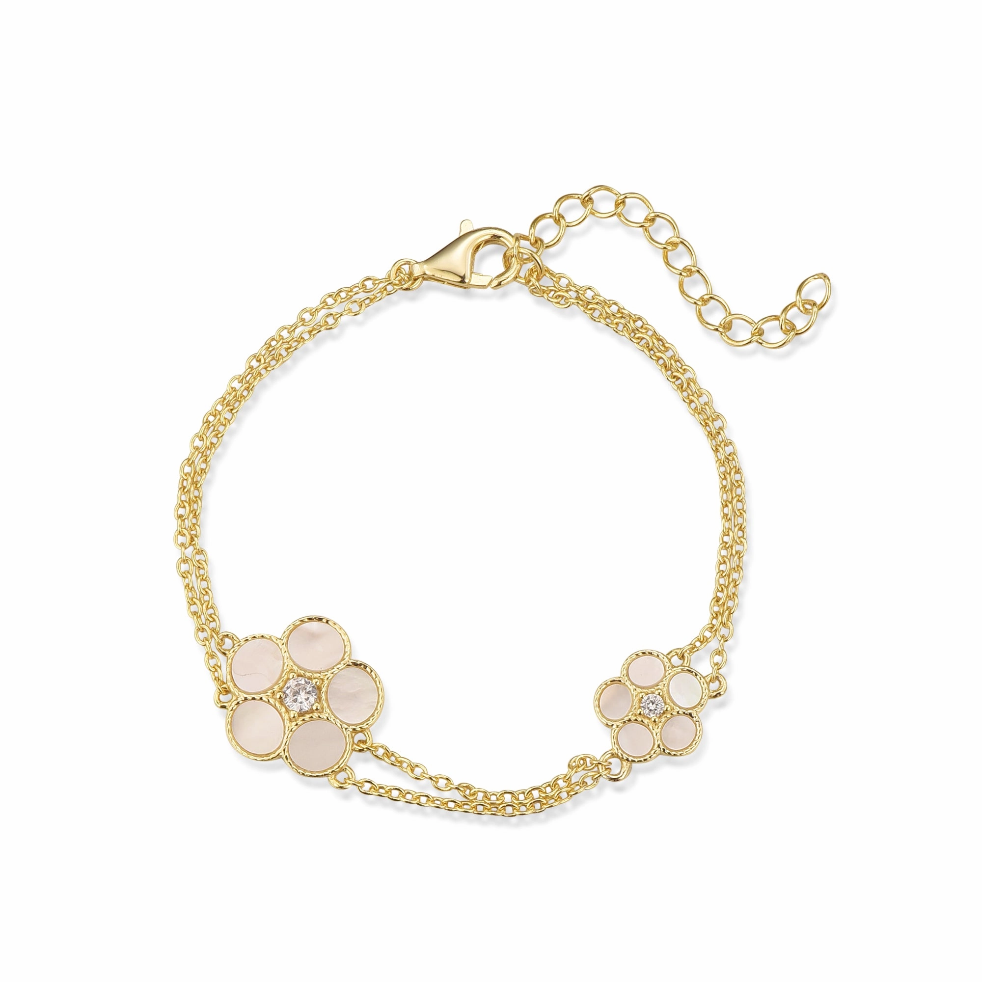 Gold-plated Sterling Silver Double Chain With Mother of Pearl Flowers Bracelet Infinite Elegance