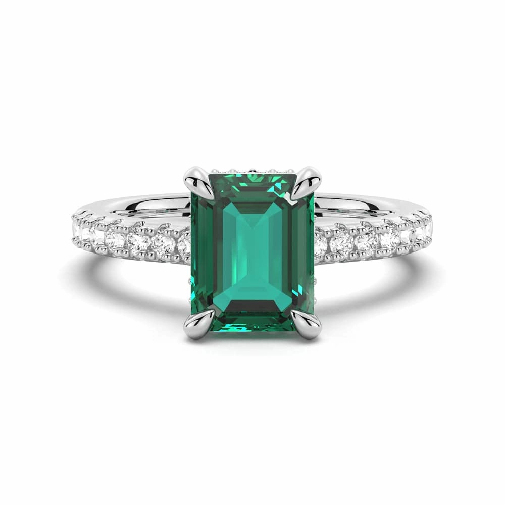 3 CT. Side Stone Lab Grown Emerald Engagement Ring With Hidden Halo Lightweight Work