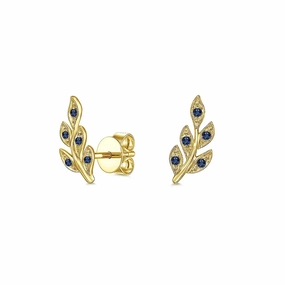 Couture Botanical Foliage Lab Grown Sapphire Stud Earrings Tiny Accessory Office Adornment
