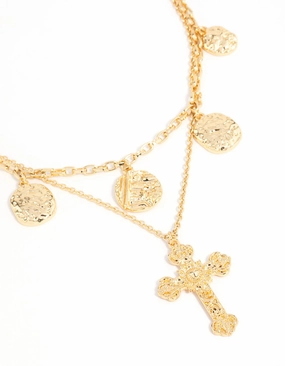 Coiled Item Street Fashion Gold Plated Cross & Coin Layered Necklace