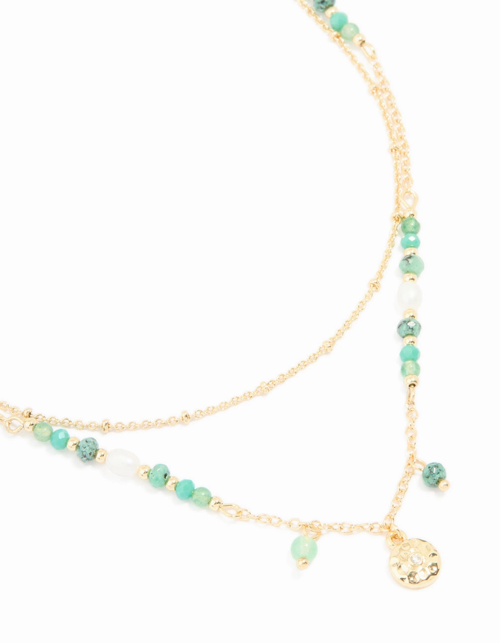 Pure Highlight Gold Plated Aqua Beaded Semi Precious Stone & Disc Layered Necklace