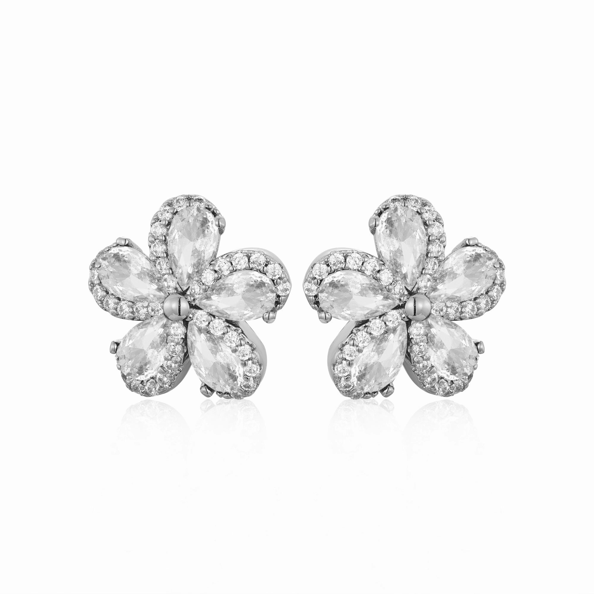 Lil' Empress Gold Plated or Rhodium Plated Surgical Steel 5 Petal Colorful CZ Flower Stud Earrings Oval Embellishment