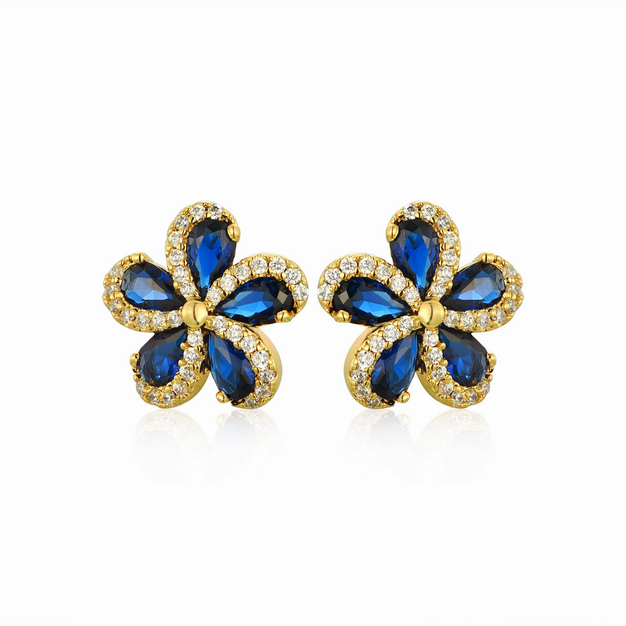 Lil' Empress Gold Plated or Rhodium Plated Surgical Steel 5 Petal Colorful CZ Flower Stud Earrings Comfortable Aesthetic Triangular Piece