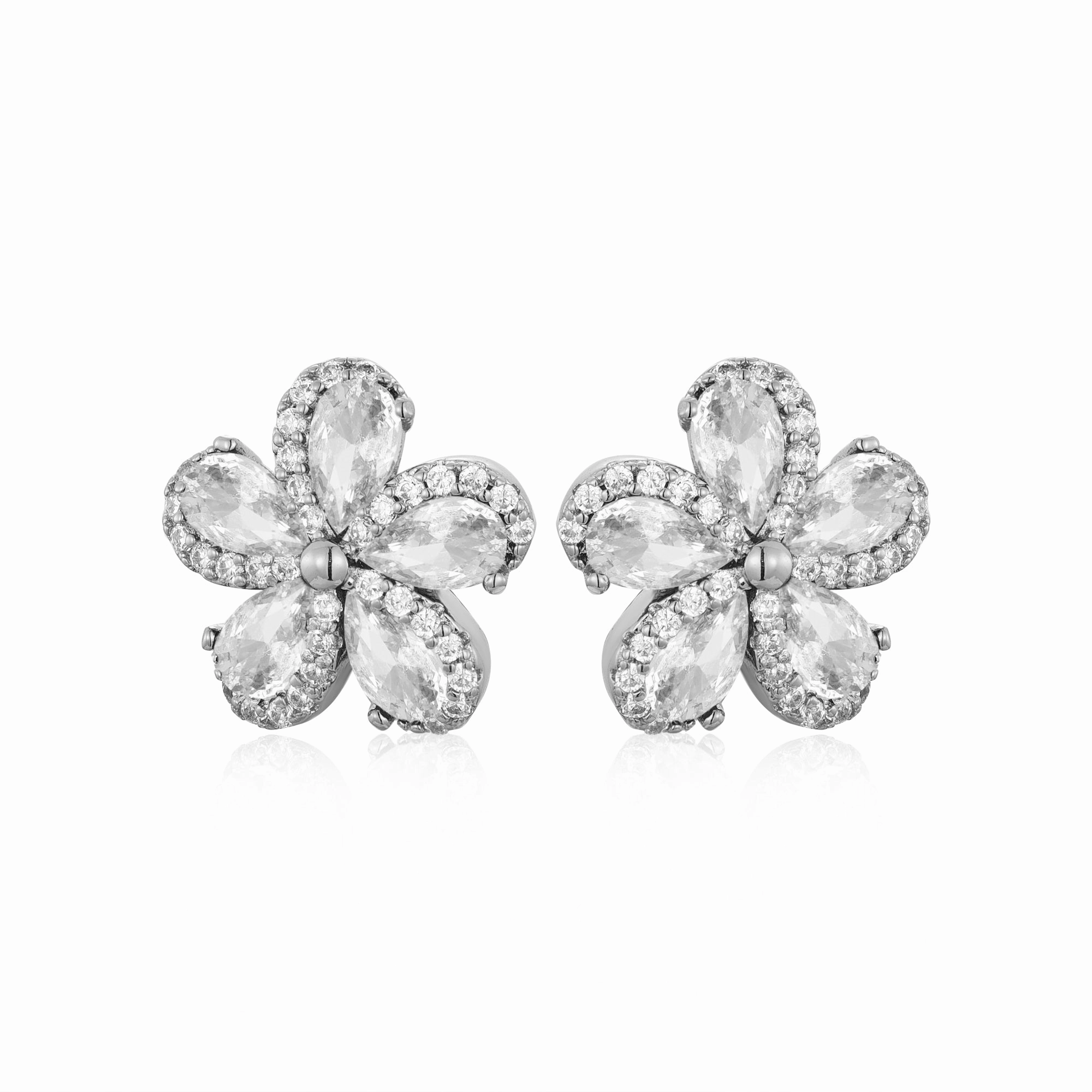 Lil' Empress Gold Plated or Rhodium Plated Surgical Steel 5 Petal Colorful CZ Flower Stud Earrings Classic Finish