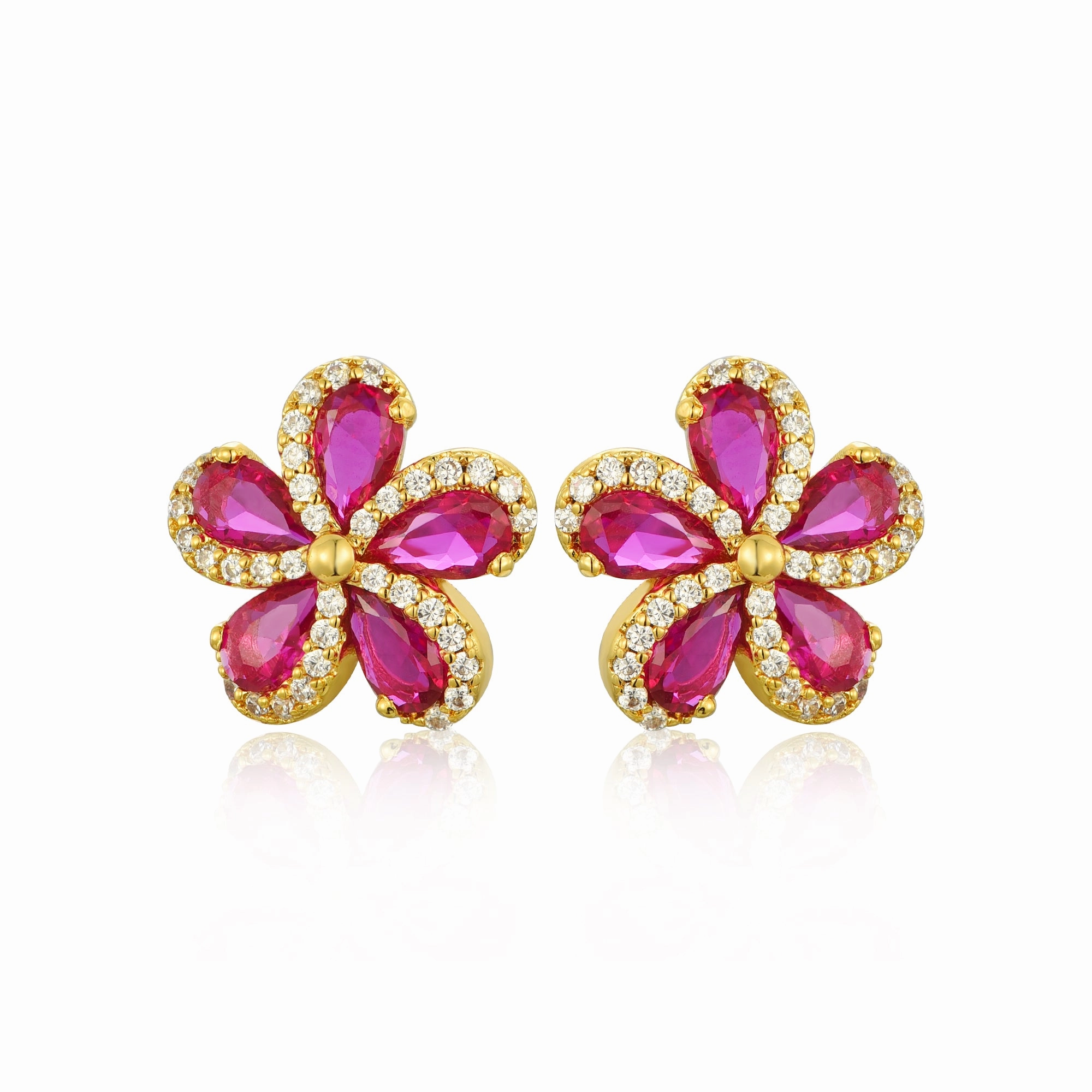 Glittering Detail Stylish Design Lil' Empress Gold Plated or Rhodium Plated Surgical Steel 5 Petal Colorful CZ Flower Stud Earrings