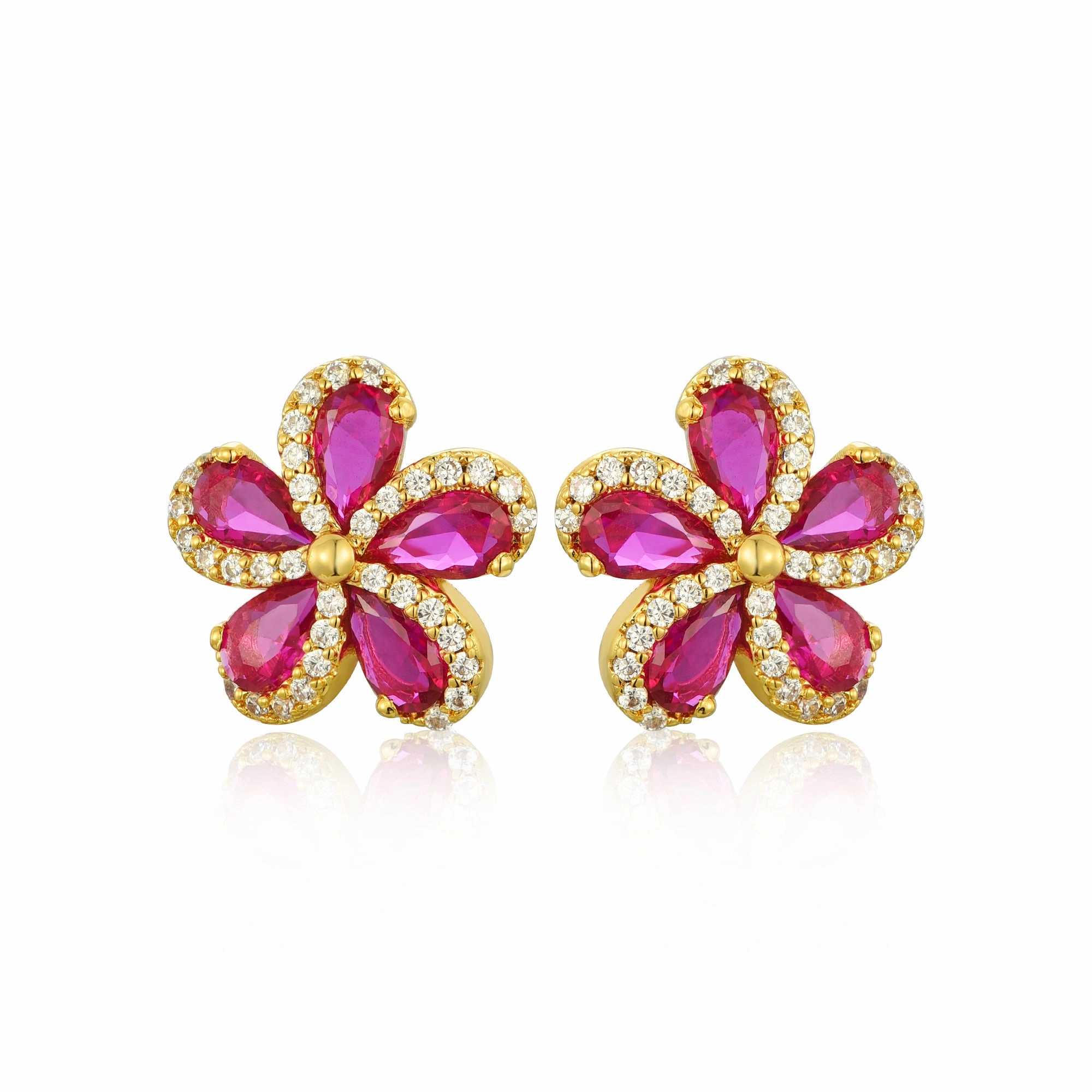 Glittering Feature Lil' Empress Gold Plated or Rhodium Plated Surgical Steel 5 Petal Colorful CZ Flower Stud Earrings