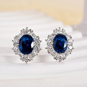 Sparkling Adornment Comfortable Adornment Louily Blue Stone Halo Oval Cut Women's Earrings