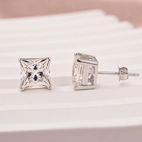 Comfortable Creation Winter Embellishment Louily Classic Moissanite Square Princess Cut Stud Earrings In Sterling Silver