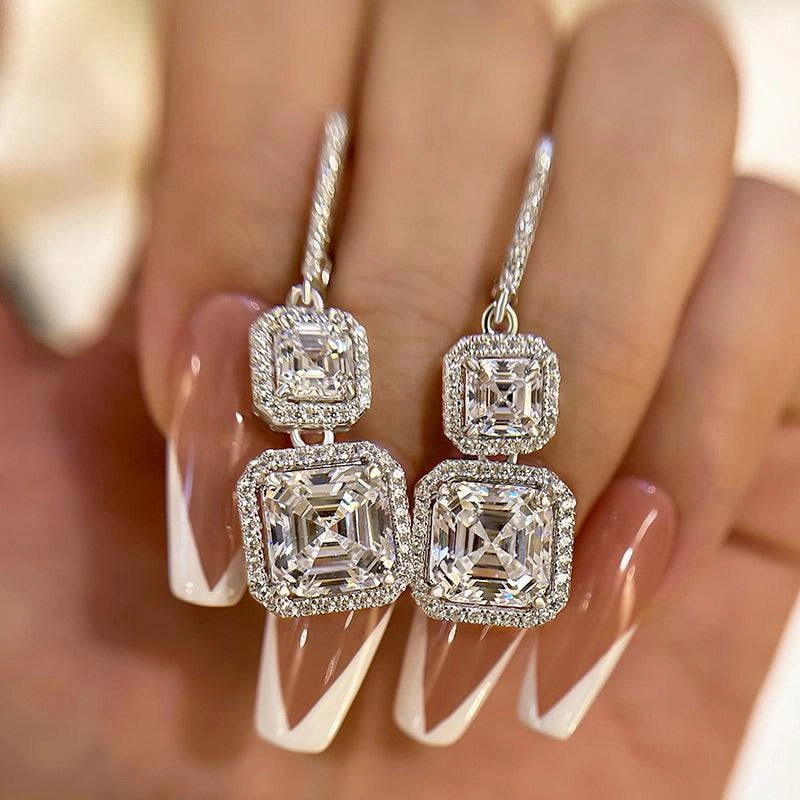 Louily Elegant Halo Asscher Cut Women's Earrings In Sterling Silver Pearlescent Accessory Chic Ornament
