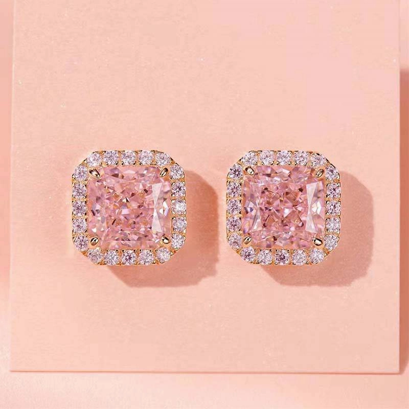 Louily Elegant Rose Gold Halo Radiant Cut Pink Sapphire Stud Earrings In Sterling Silver Circular Piece Colorful Jewelry