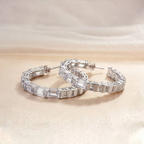 Vintage-Inspired Embellishment Premium product Louily Sparkle Emerald Cut Women's Hoop Earrings In Sterling Silver