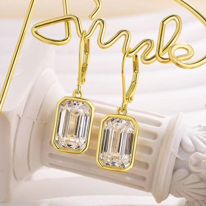 Triangular Item Louily Special Yellow Gold Bezel Emerald Cut Women's Earrings In Sterling Silver