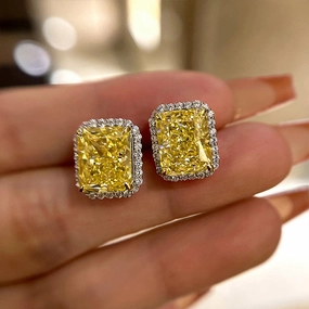 Louily Stunning Halo Cushion Cut Yellow Sapphire Women's Stud Earring In Sterling Silver Brilliant Vibe