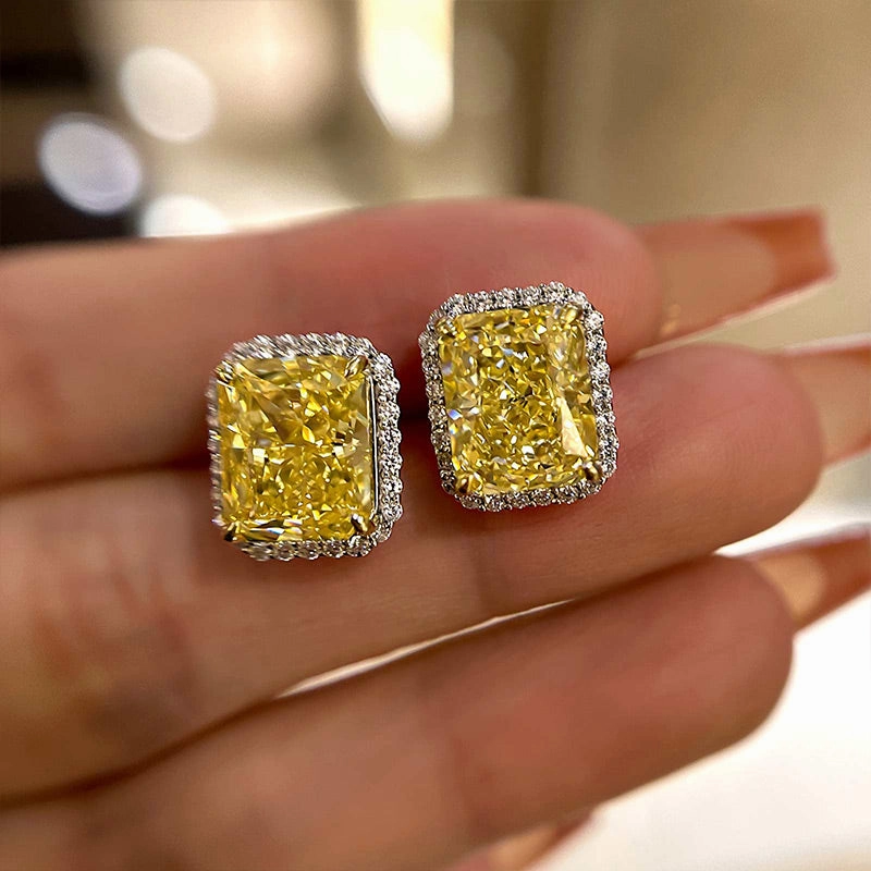 Louily Stunning Halo Cushion Cut Yellow Sapphire Women's Stud Earring In Sterling Silver Brilliant Vibe