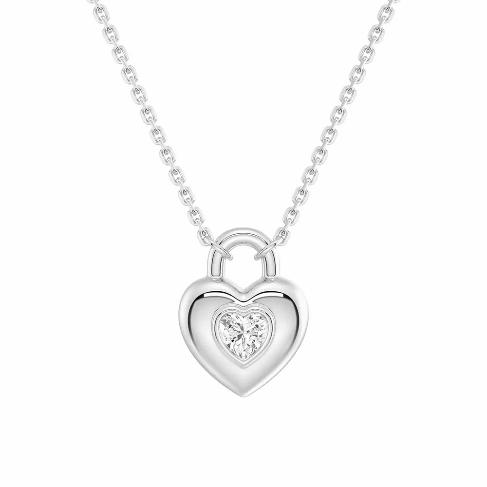 Petite Present Layered Look Love Lock Heart Solitaire Moissanite Pendant Necklace