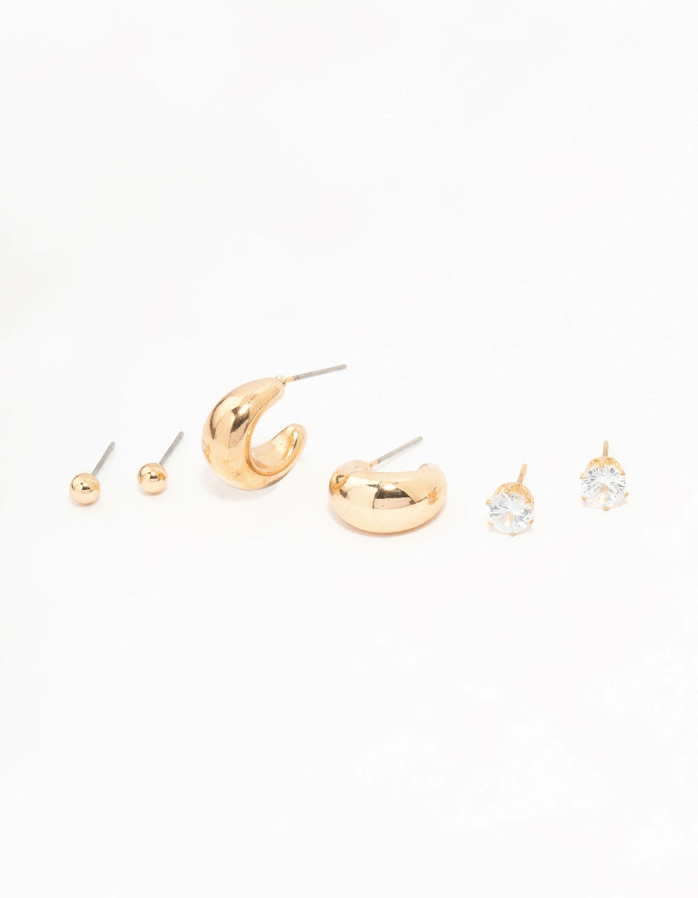 Vacation Item Gold Hoop, Sleek & Diamante stud Earrings 3-Pack