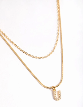 Artful Touch Pure Beauty Gold Plated Diamante Letter U Layered  Necklace
