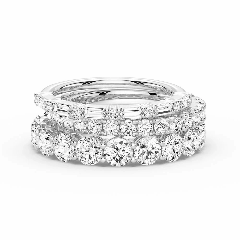 Sisterhood Gift Round and Baguette Cut Moissanite Bands with French Pave Band Stacking Rings