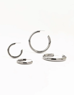 Gunmetal Thick Hoop Earrings 2 Pack Contemporary Style
