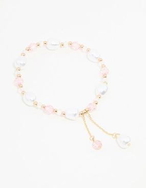 Pink & Gold Beads & Pearls Stretch Bracelet Silky feel
