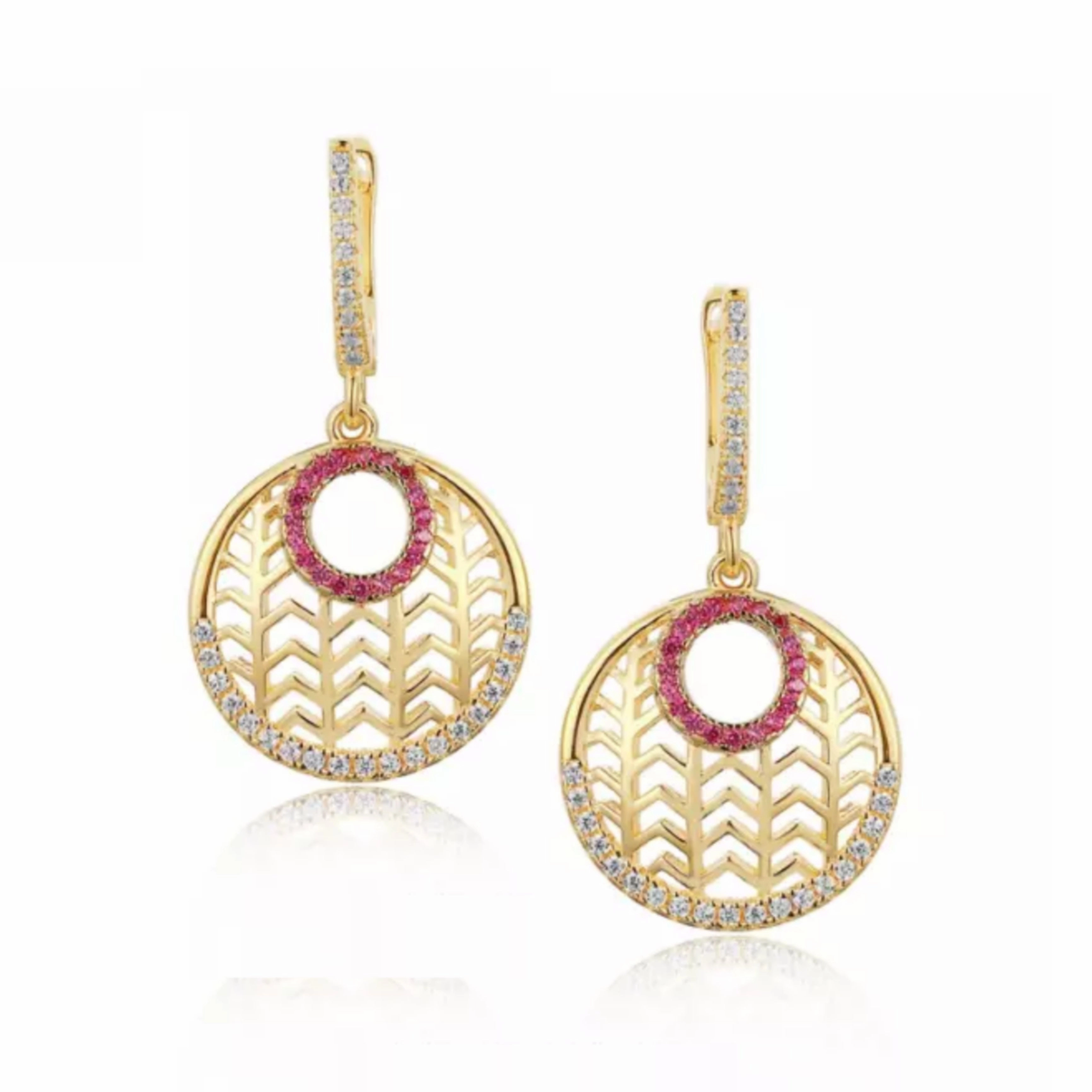 Sterling Silver Gold Plated Circle With Clear and Ruby CZs Earring Attractive Decor